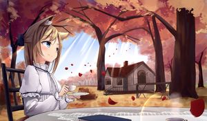 Preview wallpaper girl, neko, cup, coffee, autumn, anime