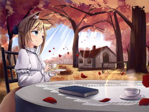 Preview wallpaper girl, neko, cup, coffee, autumn, anime