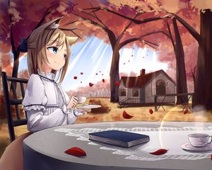 Preview wallpaper girl, neko, cup, coffee, autumn, anime