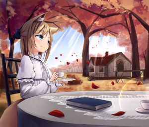 Preview wallpaper girl, neko, cup, coffee, autumn, anime