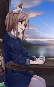 Preview wallpaper girl, neko, cup, tea, anime