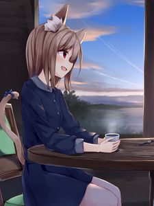 Preview wallpaper girl, neko, cup, tea, anime