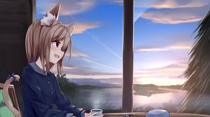 Preview wallpaper girl, neko, cup, tea, anime
