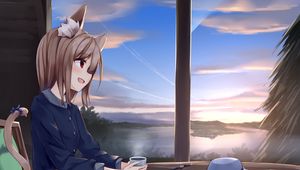 Preview wallpaper girl, neko, cup, tea, anime