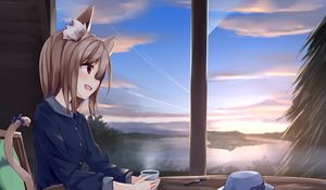 Preview wallpaper girl, neko, cup, tea, anime