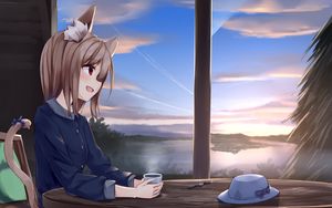 Preview wallpaper girl, neko, cup, tea, anime