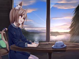 Preview wallpaper girl, neko, cup, tea, anime