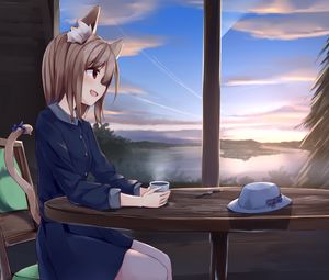 Preview wallpaper girl, neko, cup, tea, anime
