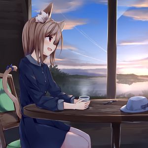 Preview wallpaper girl, neko, cup, tea, anime