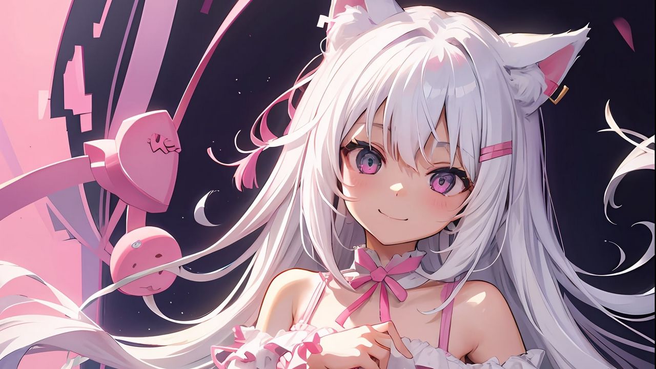 Wallpaper girl, neko, ears, smile, pink, anime