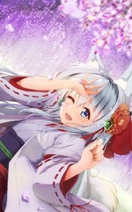 Preview wallpaper girl, neko, ears, smile, kimono, anime