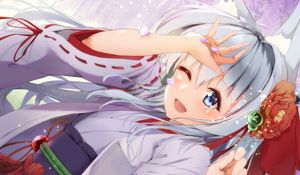 Preview wallpaper girl, neko, ears, smile, kimono, anime