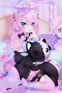 Preview wallpaper girl, neko, ears, toy, anime, art, cartoon, purple