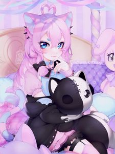 Preview wallpaper girl, neko, ears, toy, anime, art, cartoon, purple