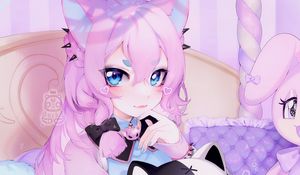 Preview wallpaper girl, neko, ears, toy, anime, art, cartoon, purple