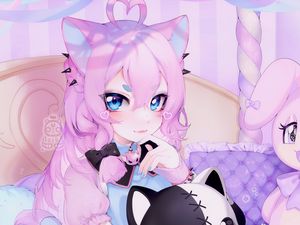 Preview wallpaper girl, neko, ears, toy, anime, art, cartoon, purple