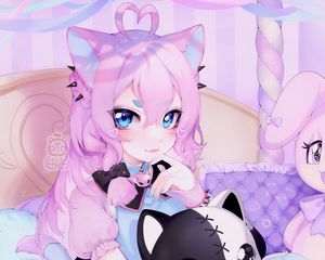 Preview wallpaper girl, neko, ears, toy, anime, art, cartoon, purple