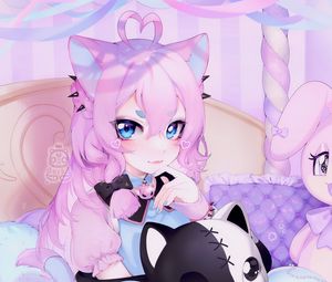 Preview wallpaper girl, neko, ears, toy, anime, art, cartoon, purple