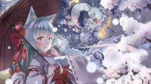 Preview wallpaper girl, neko, ears, umbrella, anime