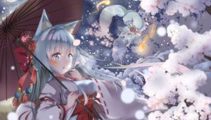 Preview wallpaper girl, neko, ears, umbrella, anime