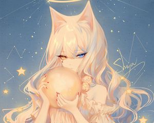 Preview wallpaper girl, neko, ears, heterochromia, anime, art