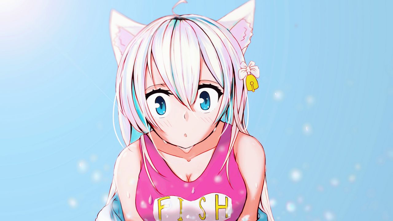 Wallpaper girl, neko, ears, swimsuit, water, anime