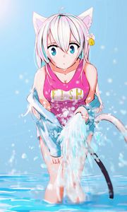 Preview wallpaper girl, neko, ears, swimsuit, water, anime