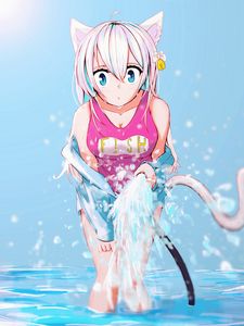 Preview wallpaper girl, neko, ears, swimsuit, water, anime