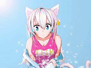 Preview wallpaper girl, neko, ears, swimsuit, water, anime