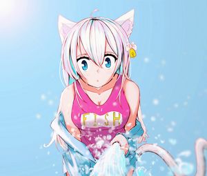 Preview wallpaper girl, neko, ears, swimsuit, water, anime