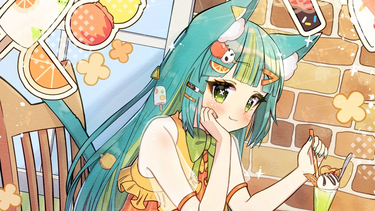 Wallpaper girl, neko, ears, dessert, anime, art