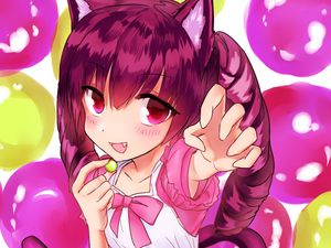 Preview wallpaper girl, neko, ears, smile, gesture, anime, art