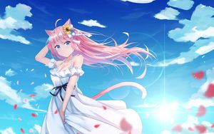 Preview wallpaper girl, neko, ears, dress, petals, anime, art
