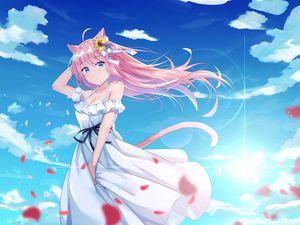 Preview wallpaper girl, neko, ears, dress, petals, anime, art