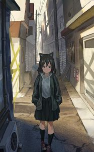 Preview wallpaper girl, neko, ears, street, anime, art