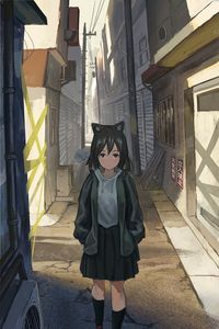 Preview wallpaper girl, neko, ears, street, anime, art