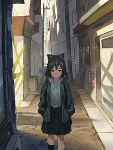 Preview wallpaper girl, neko, ears, street, anime, art