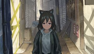 Preview wallpaper girl, neko, ears, street, anime, art