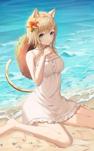 Preview wallpaper girl, neko, ears, beach, sea, anime