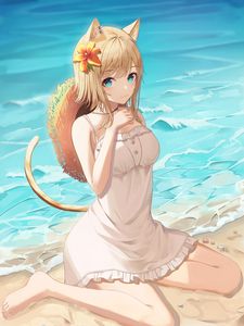 Preview wallpaper girl, neko, ears, beach, sea, anime