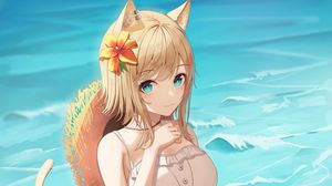 Preview wallpaper girl, neko, ears, beach, sea, anime