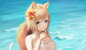 Preview wallpaper girl, neko, ears, beach, sea, anime