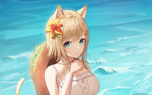 Preview wallpaper girl, neko, ears, beach, sea, anime