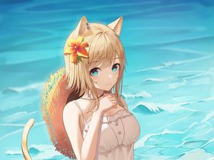 Preview wallpaper girl, neko, ears, beach, sea, anime