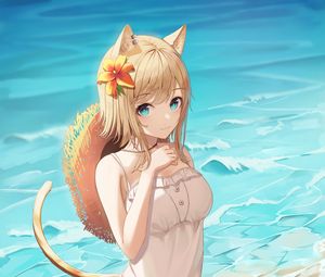 Preview wallpaper girl, neko, ears, beach, sea, anime