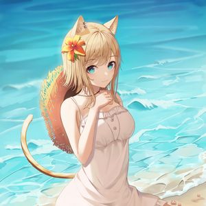 Preview wallpaper girl, neko, ears, beach, sea, anime