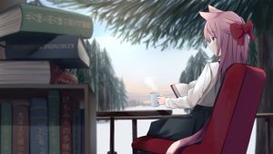 Preview wallpaper girl, neko, ears, book, reading, anime