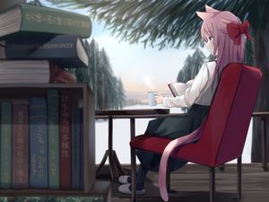 Preview wallpaper girl, neko, ears, book, reading, anime