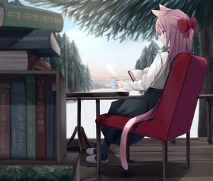 Preview wallpaper girl, neko, ears, book, reading, anime