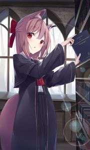 Preview wallpaper girl, neko, ears, book, anime